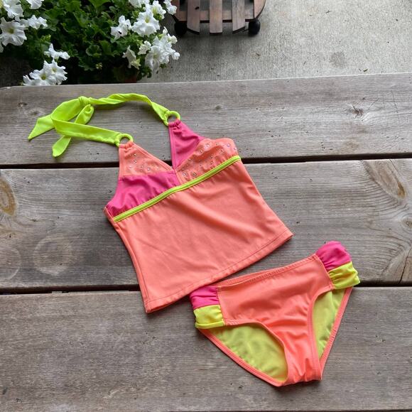 Justice Girl Tankini‎ Swimsuit Bathing Suit Bikini Neon Orange Yellow Pink Bling - Picture 5 of 6